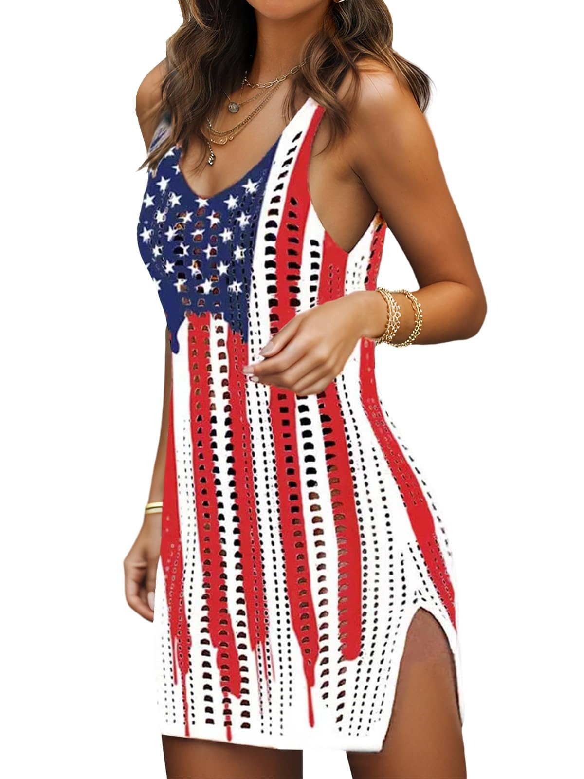 4th of July Swimsuit Coverup for Women Bathing Suit Cover ups Crochet Beach Tank Dress Hollow Out Slit Bikini Cover Up Dresses