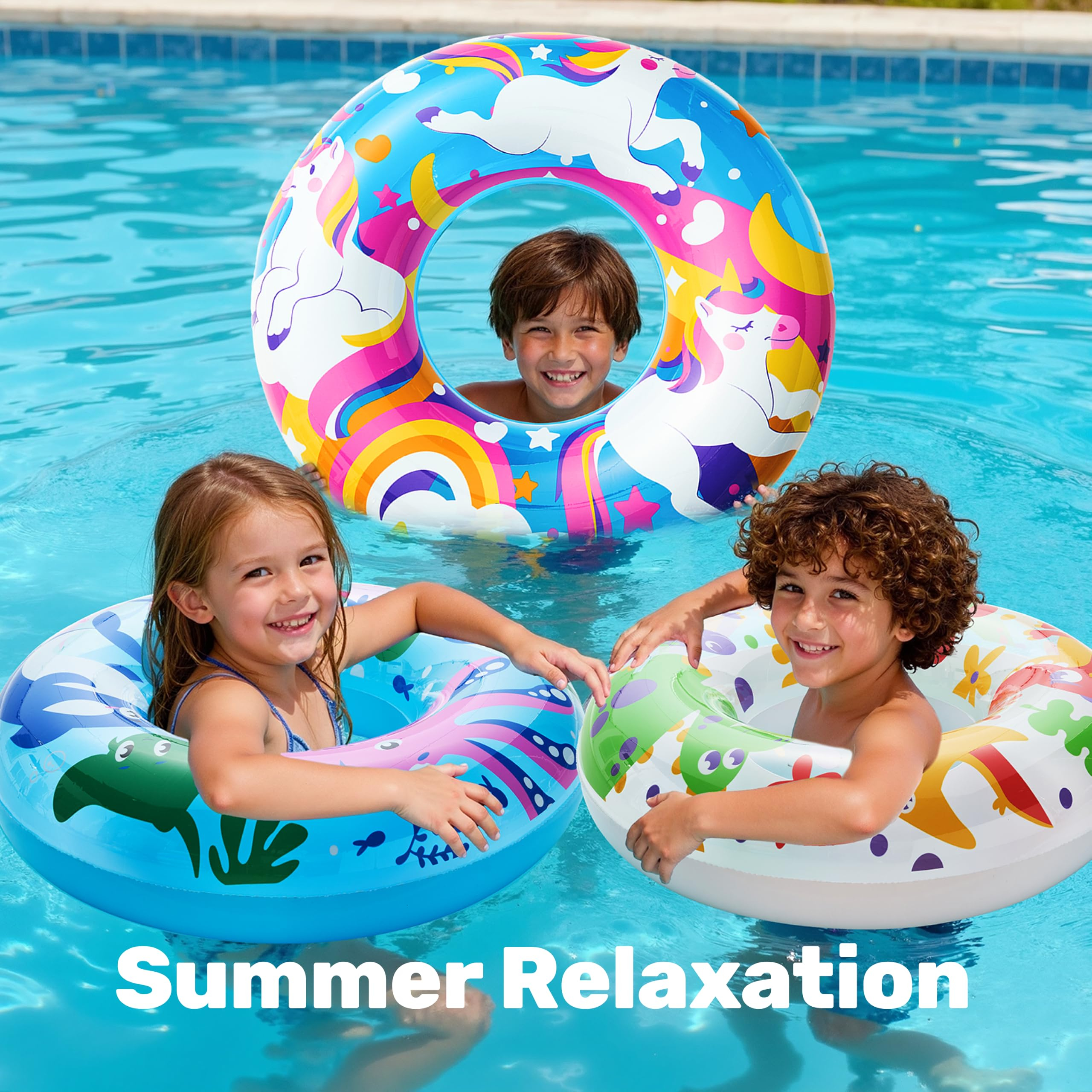 3 Pack Pool Floats, Pool Tube for Kids Swim Rings Inflatable Tubes, Unicorn Sea Animal Tubes Floatie Ring Water Toys for Swimming, Summer Beach Party