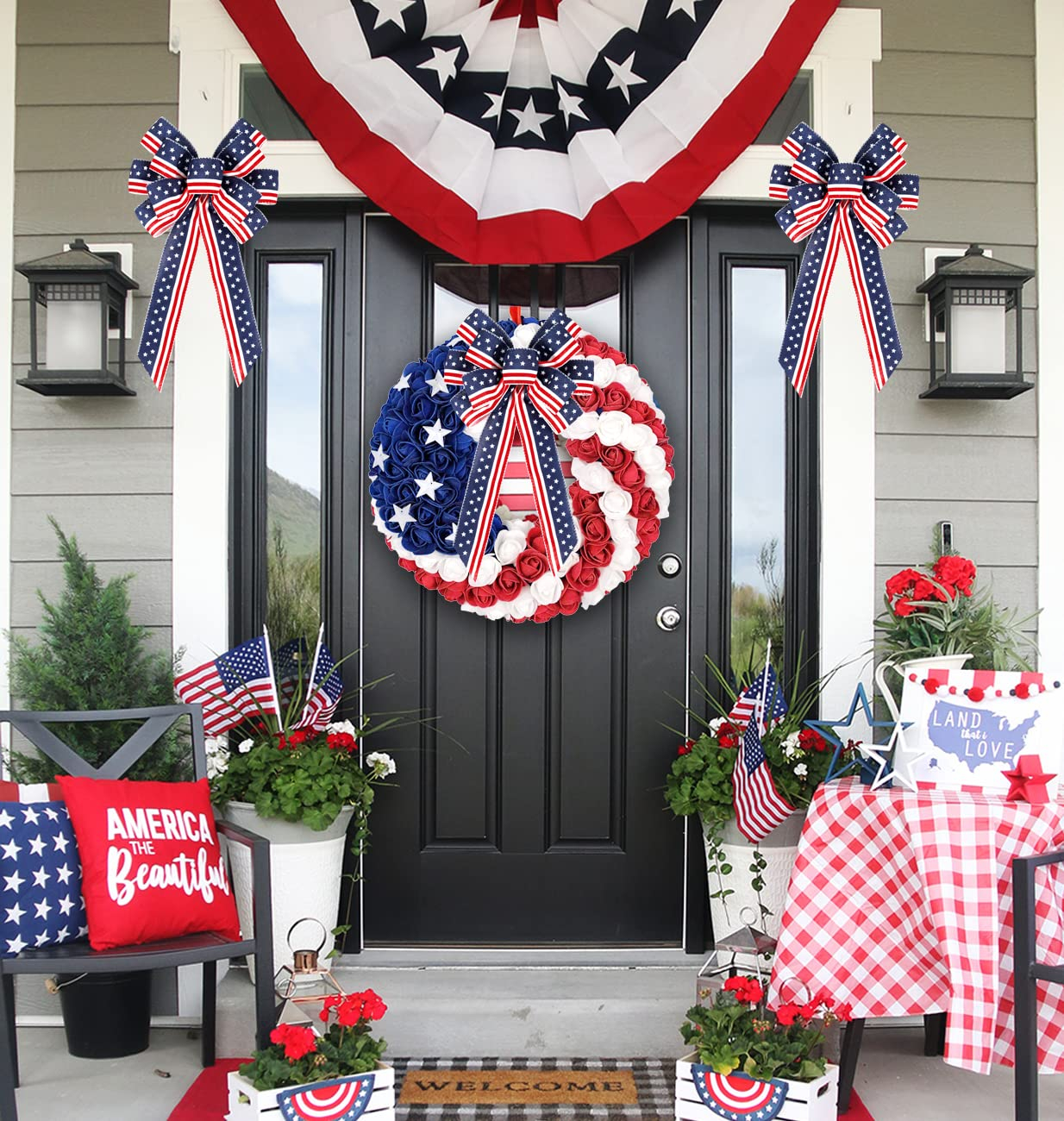 4th of July Decor Bow for Wreath,Red White Blue Stripe Stars Tree Topper Bows for Patriotic,Independence Day,Memorial Day,Veteran's Day,Front Door Indoor Outdoor Decorations