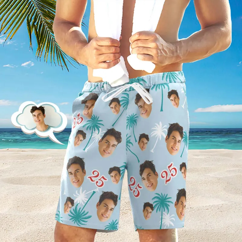 Custom Face And Number Birthday Beach Shorts Red And White Coconut Tree Beach Trunks