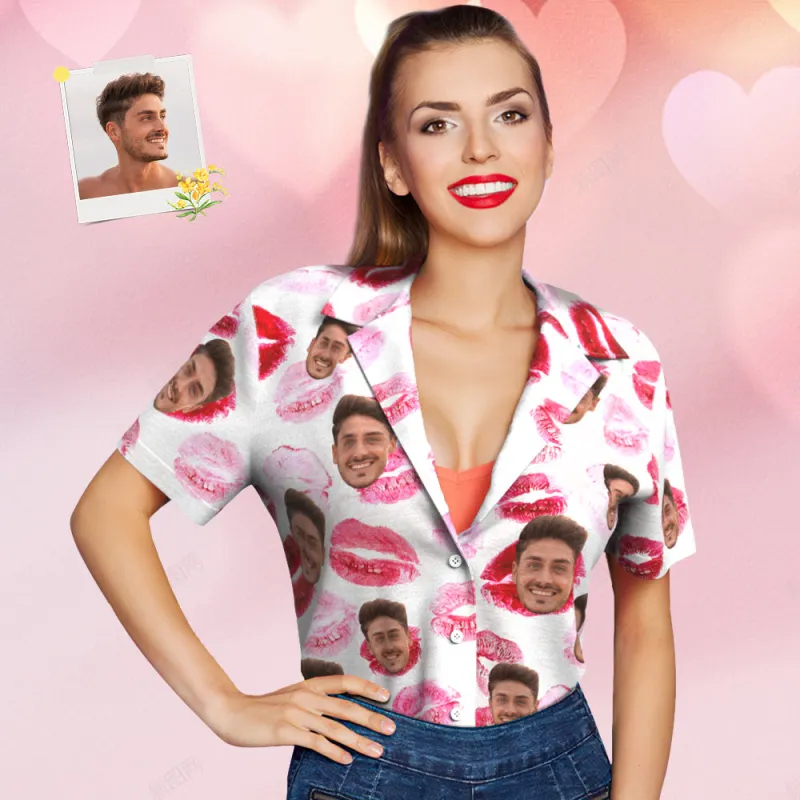 Custom Face Hawaiian Shirt for Women Personalized Women's Photo Hawaiian Shirt Gift for Her - Red lips-Pawsmeowz