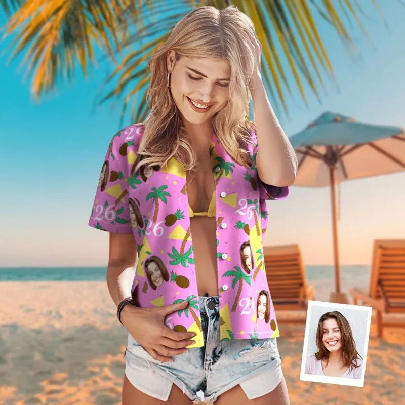 Custom Multi-color Face And Numbers Hawaiian Shirt Coconut Tree And Pineapple Birthday Gift For Women