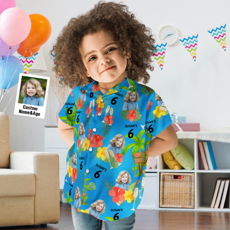 Custom Kid's Face Hawaiian Birthday Shirt With Number And Text Custom Face Hawaiian Shirt Birthday Party Shirts