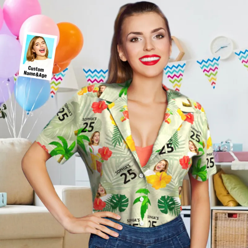 Custom Your Own Face Birthday Hawaiian Shirt Custom Date and Name Yellow Flower and Palm Tree Shirt