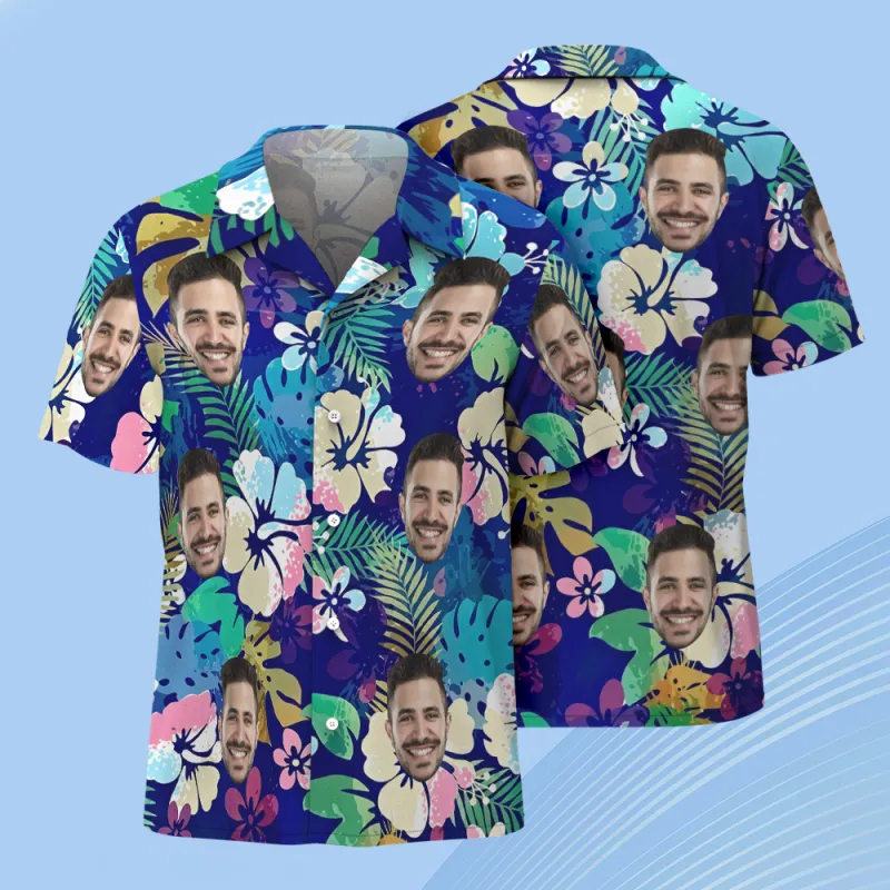 Custom Face Hawaiian Shirt Blue Tropical Leaves & Flowers Beach Shirts Party Wear