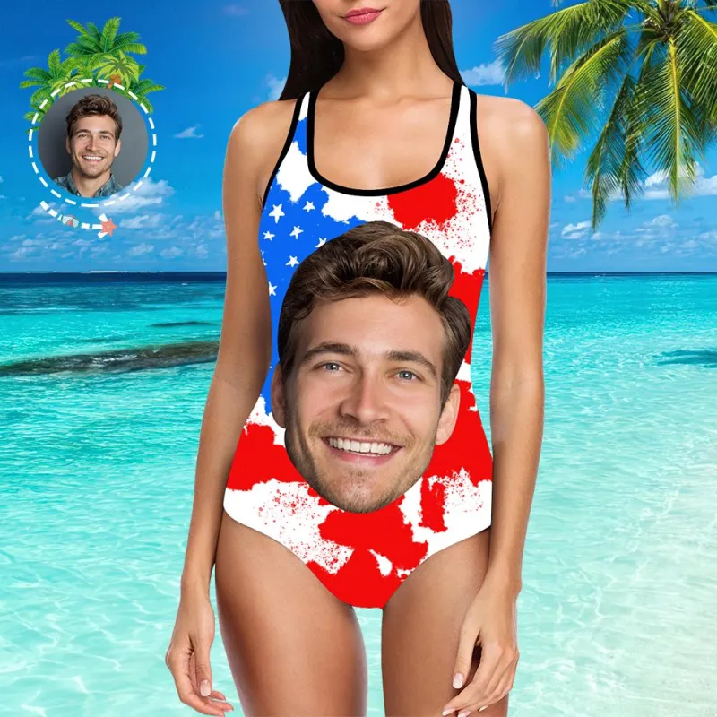 Custom Face American Flag Swimsuit One Piece Bathing Suits for Women