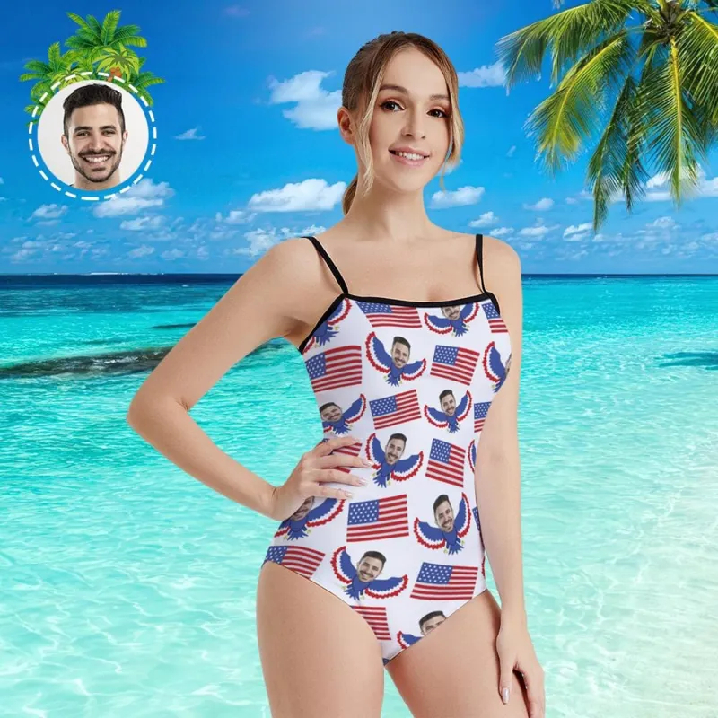Custom Face Swimwear Women's Photo Slip One Piece Swimsuit- USA Flag With Bald Eagle