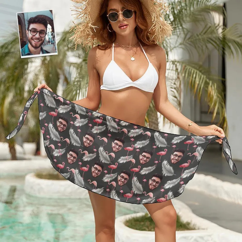 Custom Face Beach Wrap Women Short Sarongs - Flamingo And Feather