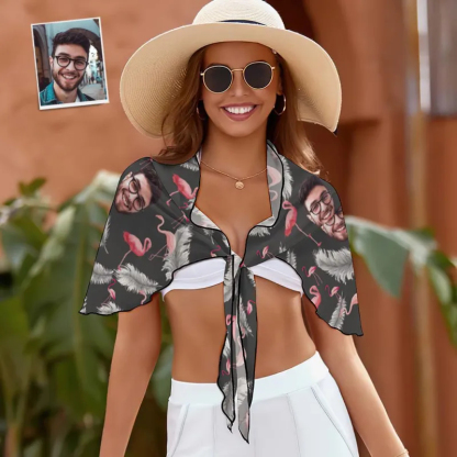 Custom Face Beach Wrap Women Short Sarongs - Flamingo And Feather