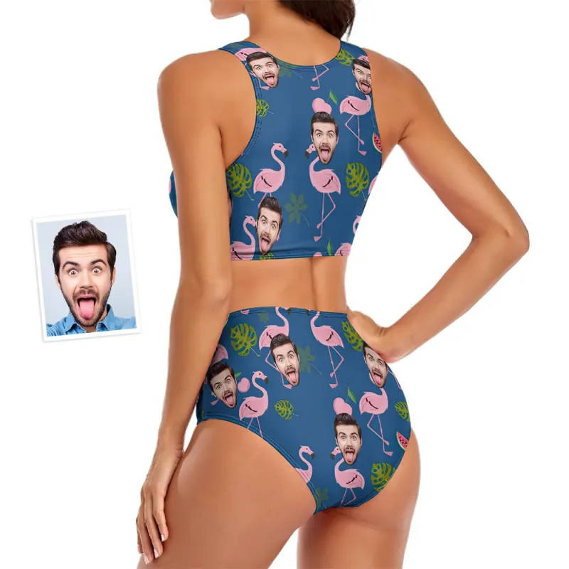 Custom Face Women's Pink Flamingo Pattern Two-piece Swimsuit