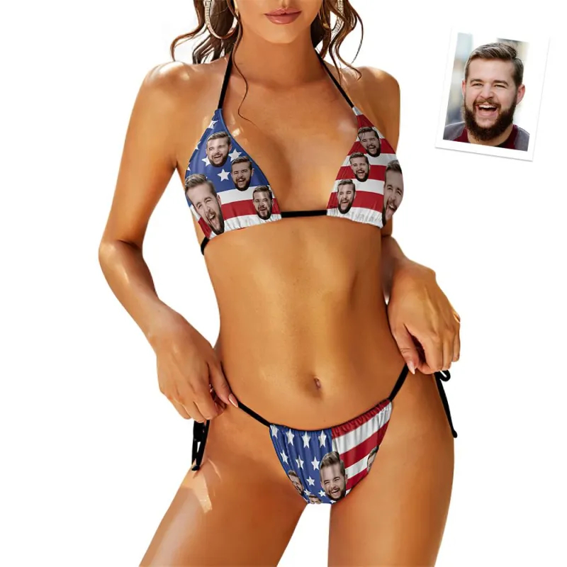 Custom Face Swimming Suit Sexy Strappy Bikini Star Flag