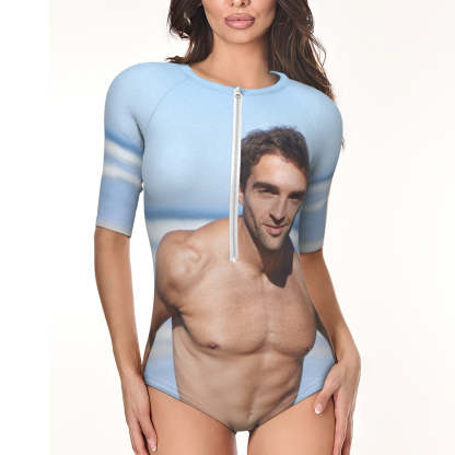 Custom Photo Half Sleeve Swimsuit One Piece Swimwear Personalized Women's Half Sleeve Swimsuit