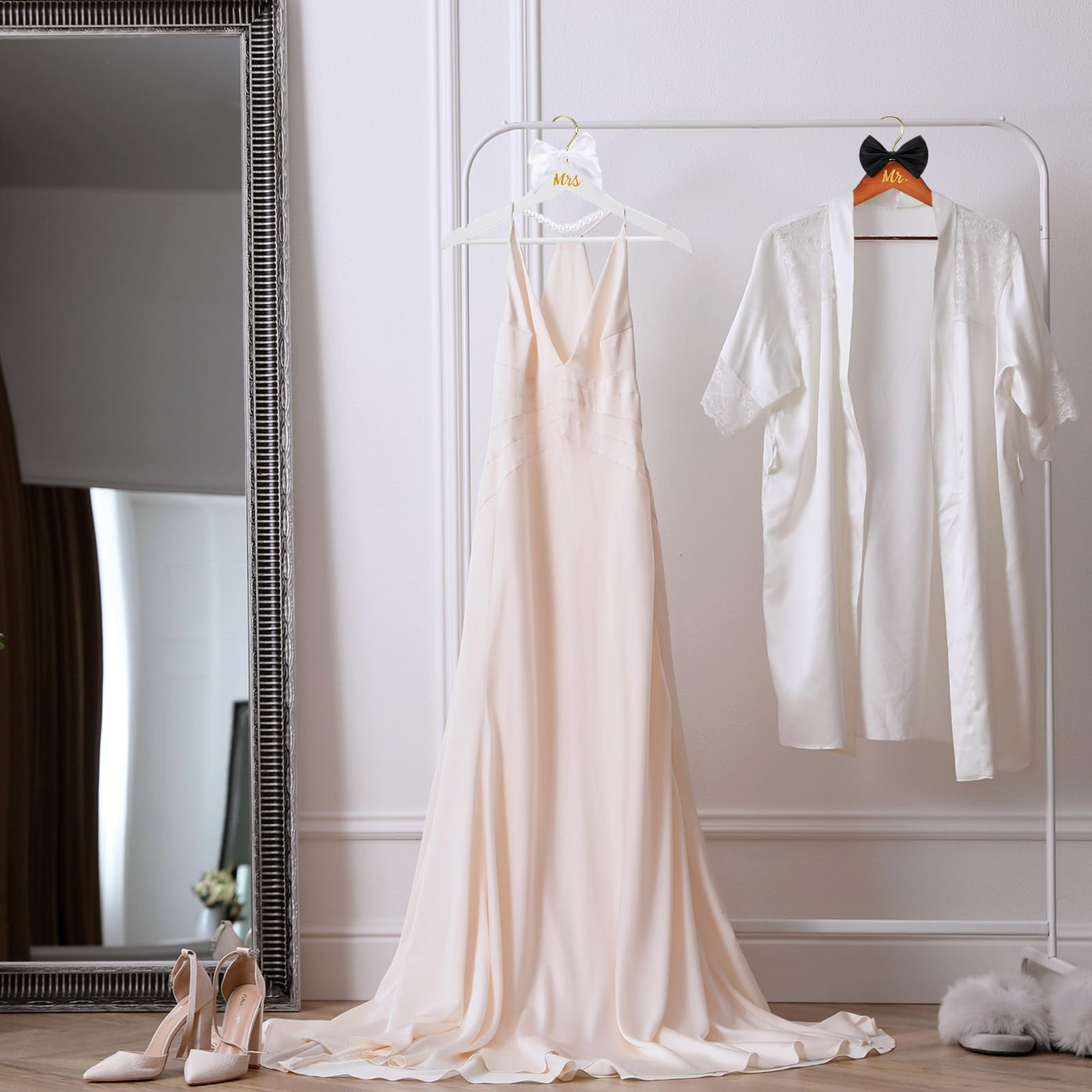 2 Pcs Bride Hanger for Wedding Dress Bride and Groom Wooden Wedding Dress Hanger Set with Bow Tie for Tuxedo Suit Gift Bridal Party Shower