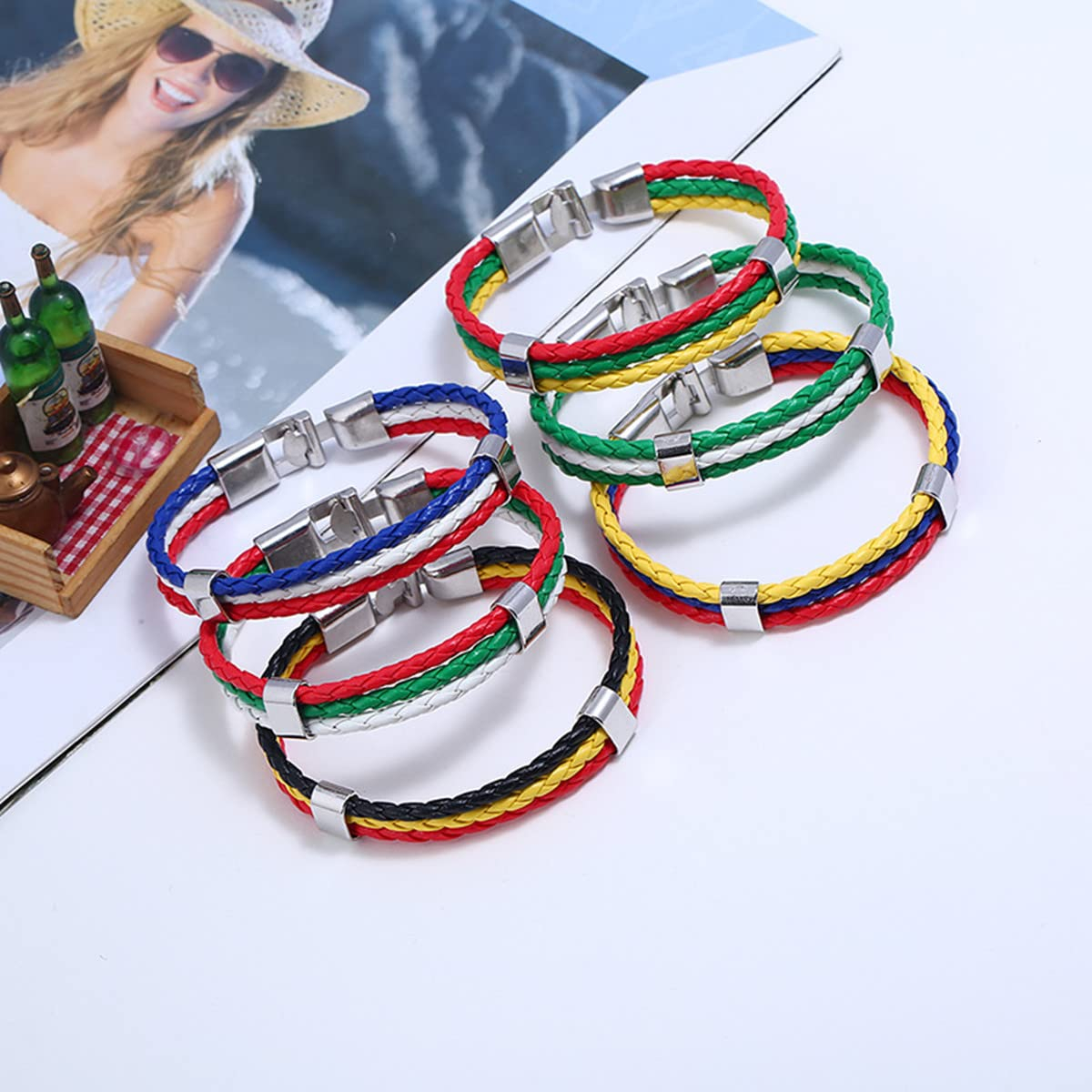 Flag Leather Bracelet Multicolor National Flag PU Leather Bracelet Wrap Bangle with Alloy Clasp for Women Men Wristband Jewelry