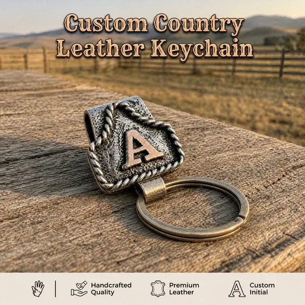 Vintage Metal Cow Tag Keychain Handmade Cowboy Western Initial Key Holder