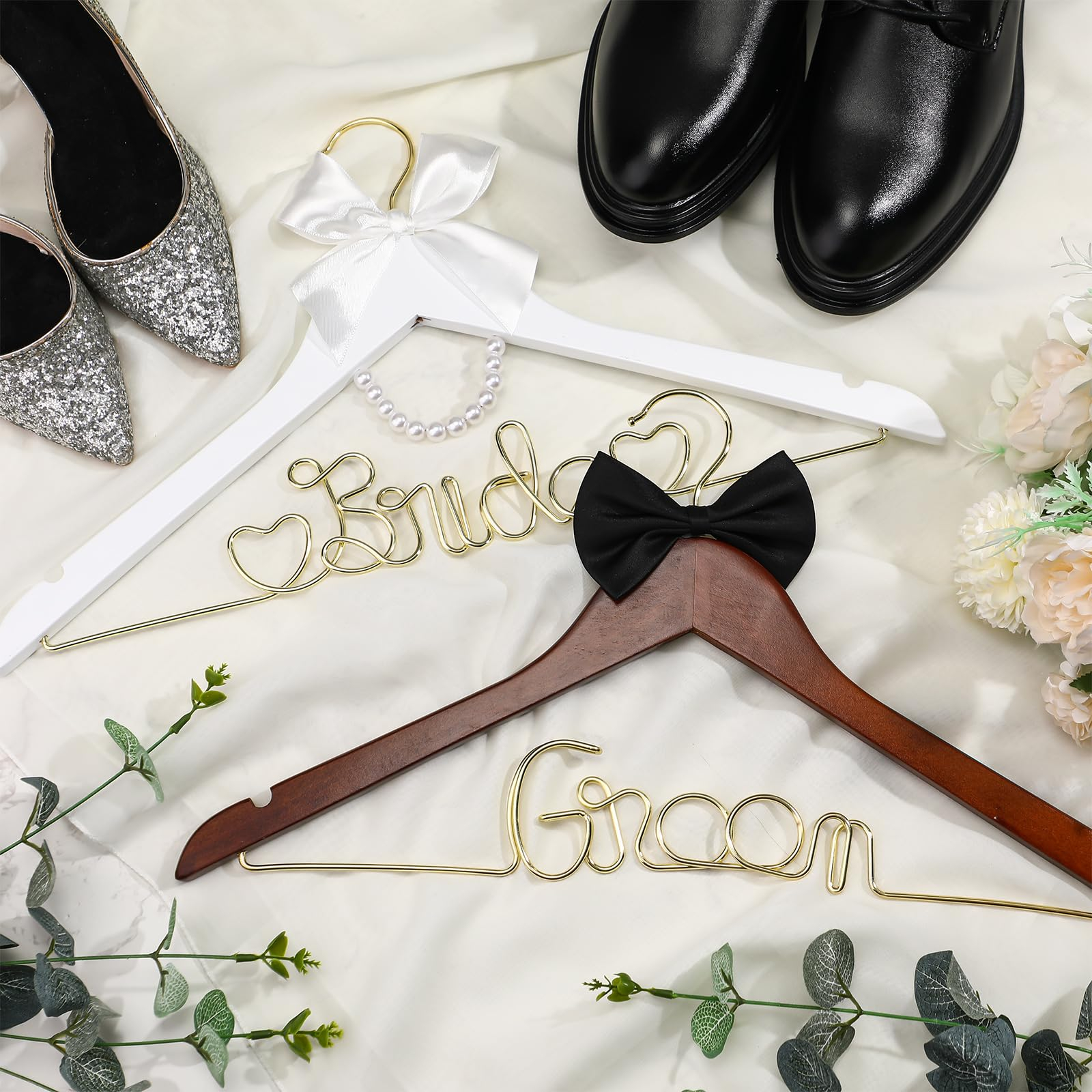 2 Pcs Bride Hanger for Wedding Dress Bride and Groom Wooden Wedding Dress Hanger Set with Bow Tie for Tuxedo Suit Gift Bridal Party Shower