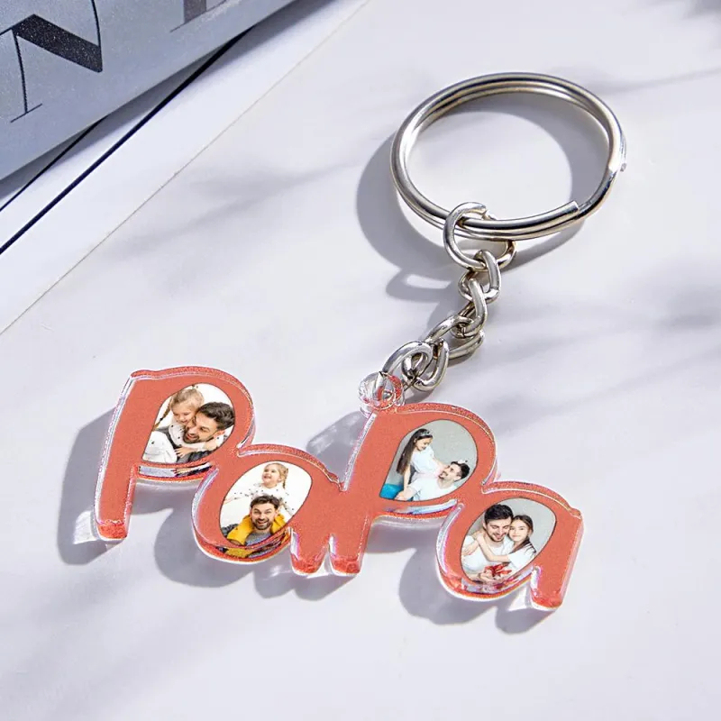 Personalized Papa Photo Keychain Fathers Day Gift for New Dad Four Photos Keychain Personalized Gift