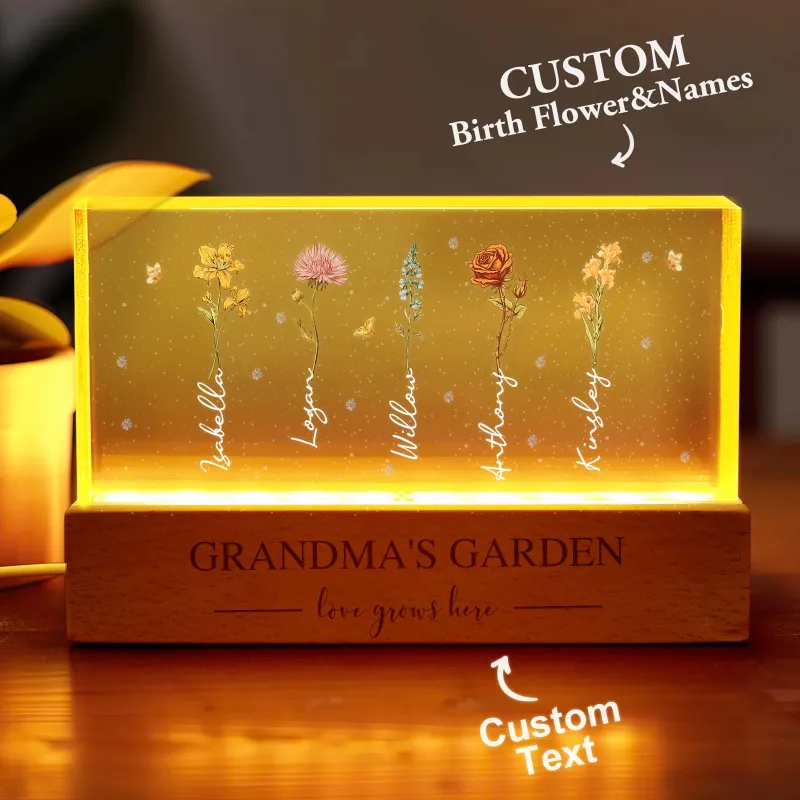 Grandma's Garden Birth Month Flowers Personalized Acrylic Block LED Night Light, A Heartfelt Gift for Grandma’s Birthday, Mother’s Day, or Just Because