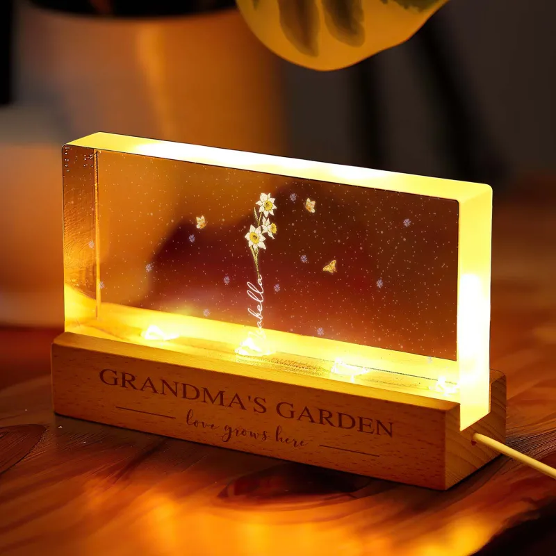 Grandma's Garden Birth Month Flowers Personalized Acrylic Block LED Night Light, A Heartfelt Gift for Grandma’s Birthday, Mother’s Day, or Just Because