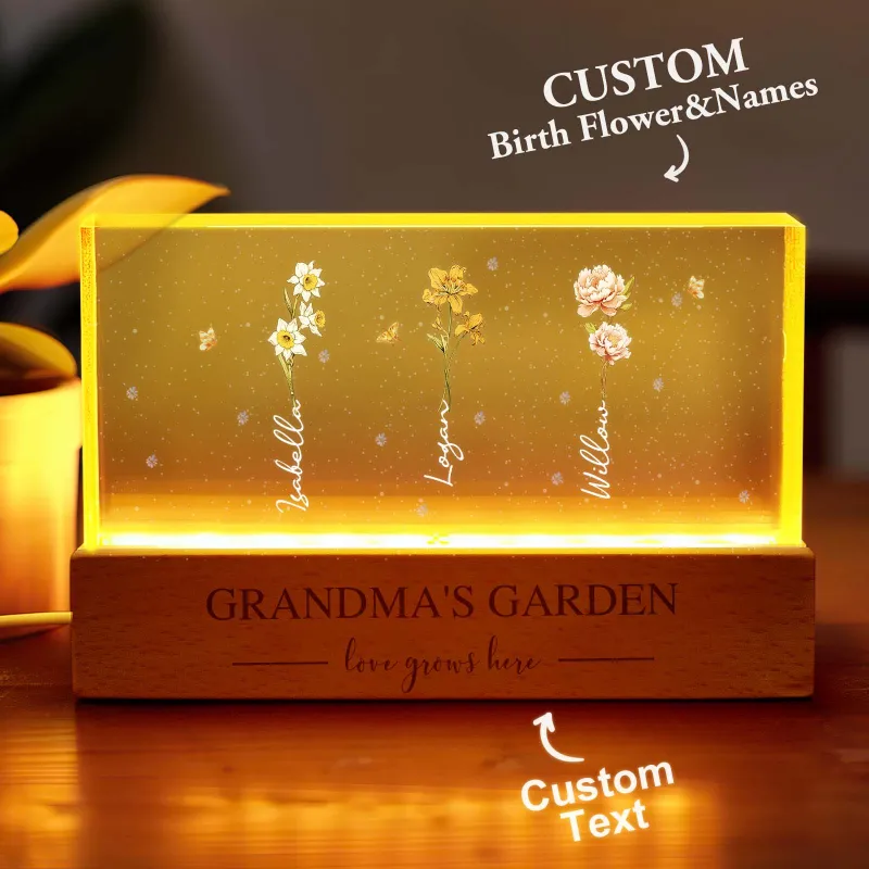 Grandma's Garden Birth Month Flowers Personalized Acrylic Block LED Night Light, A Heartfelt Gift for Grandma’s Birthday, Mother’s Day, or Just Because