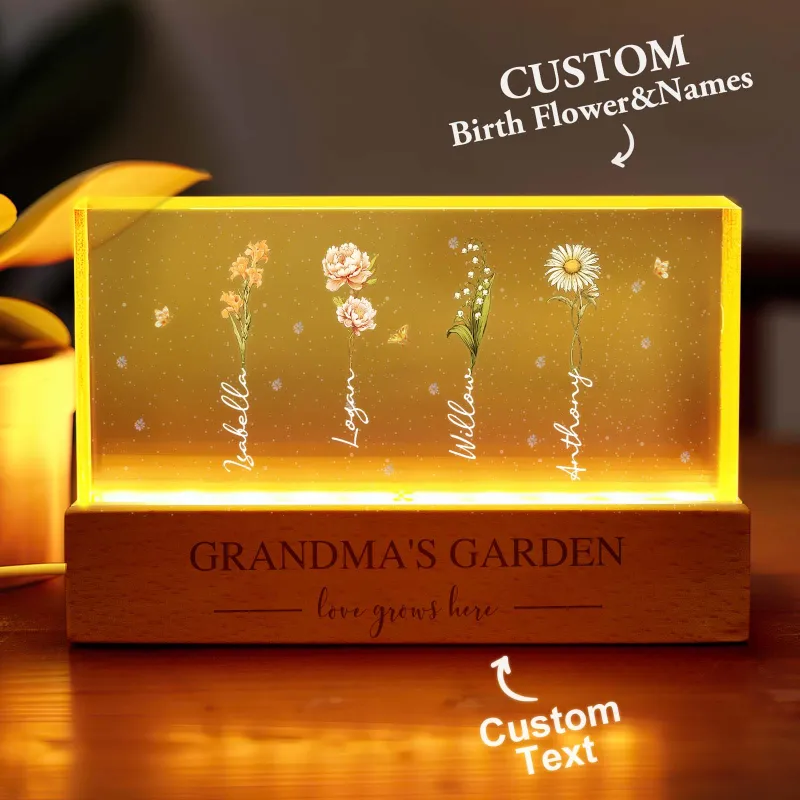 Grandma's Garden Birth Month Flowers Personalized Acrylic Block LED Night Light, A Heartfelt Gift for Grandma’s Birthday, Mother’s Day, or Just Because