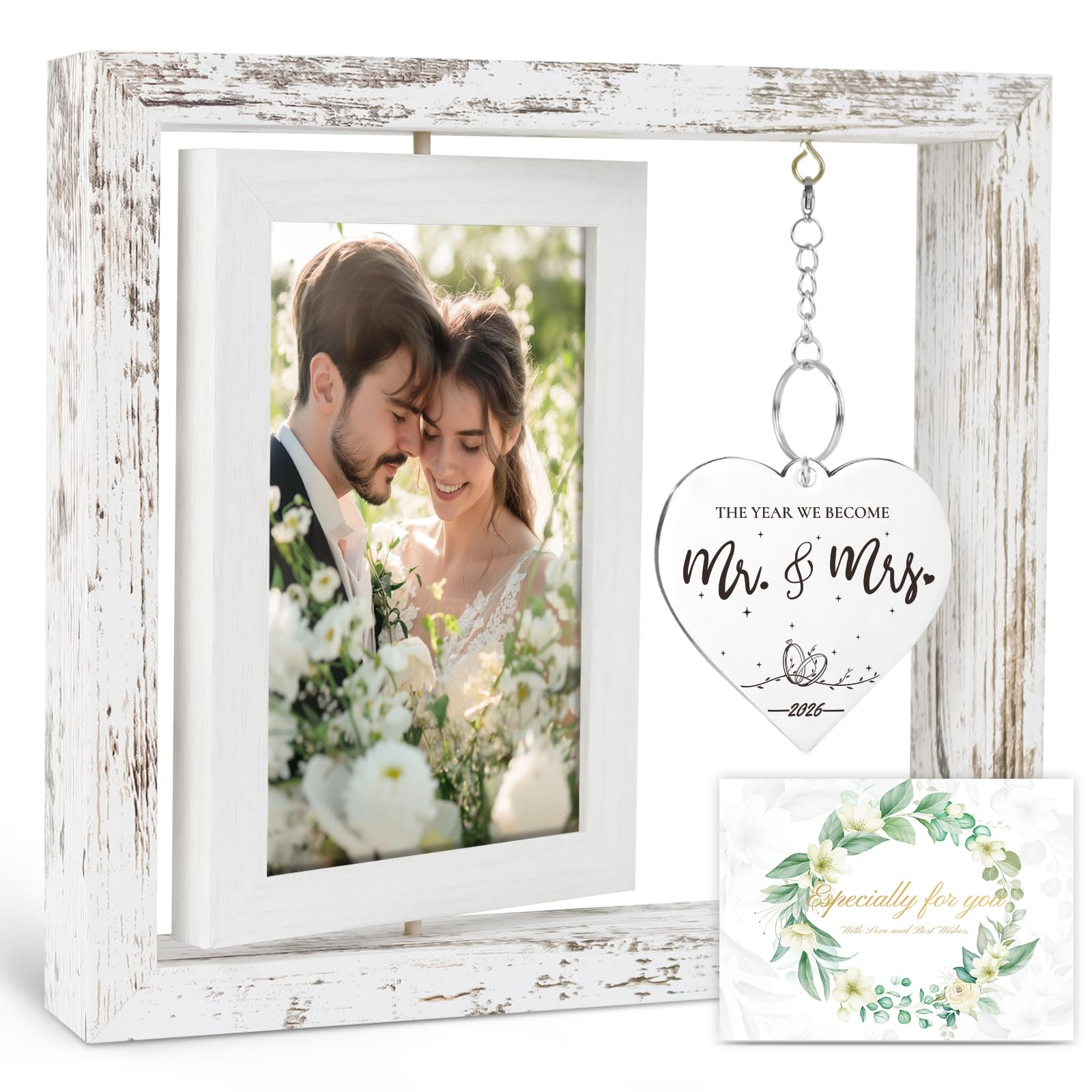 Wedding Gifts for Couples 2026, Engagement Gifts for Couples, Personalized Mr and Mrs Wedding Gift for Newlyweds, Bridal Shower Gift for Bride to Be, Rotating Floating Wedding Picture Frame