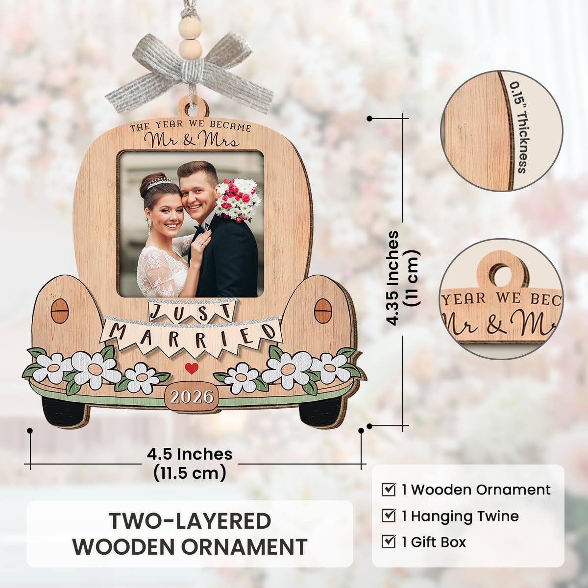 Personalized Wedding Gifts for Couples 2026 - Engagement Gift for Him Her, Bridal Shower Gift for Bride, Newly Wed Gifts for Mr and Mrs Couple, Custom Wooden Ornaments with Picture