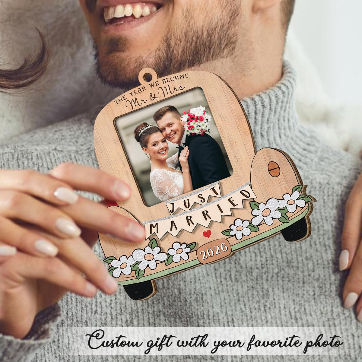 Personalized Wedding Gifts for Couples 2026 - Engagement Gift for Him Her, Bridal Shower Gift for Bride, Newly Wed Gifts for Mr and Mrs Couple, Custom Wooden Ornaments with Picture