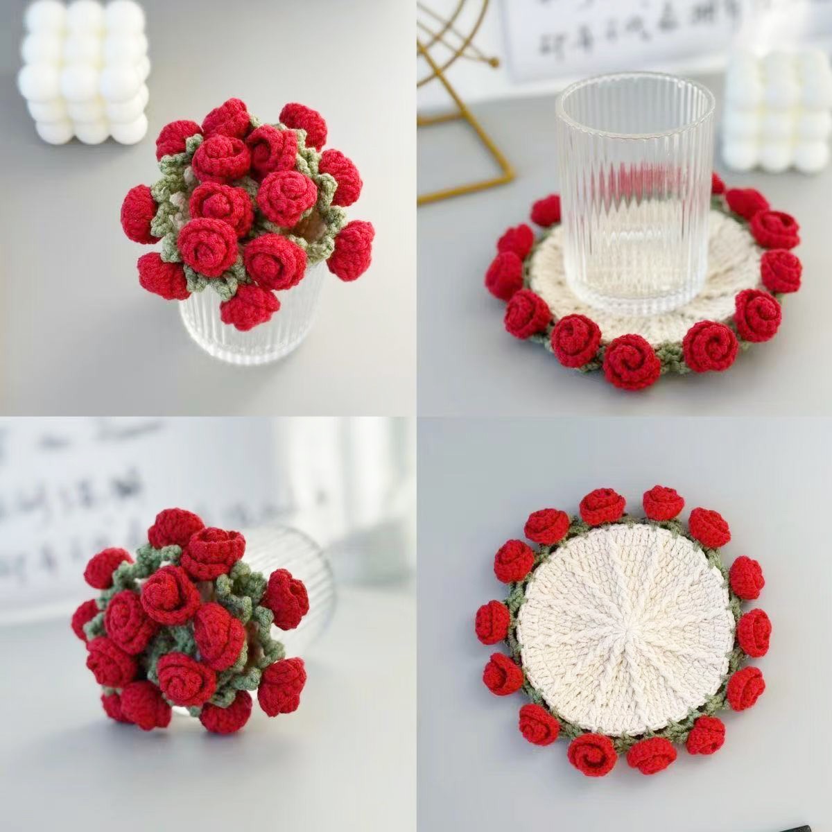 Handmade Crochet Rose Bouquet Coaster Set Transformable Floral Coaster & Home Decor Unique Eco-Friendly Gift
