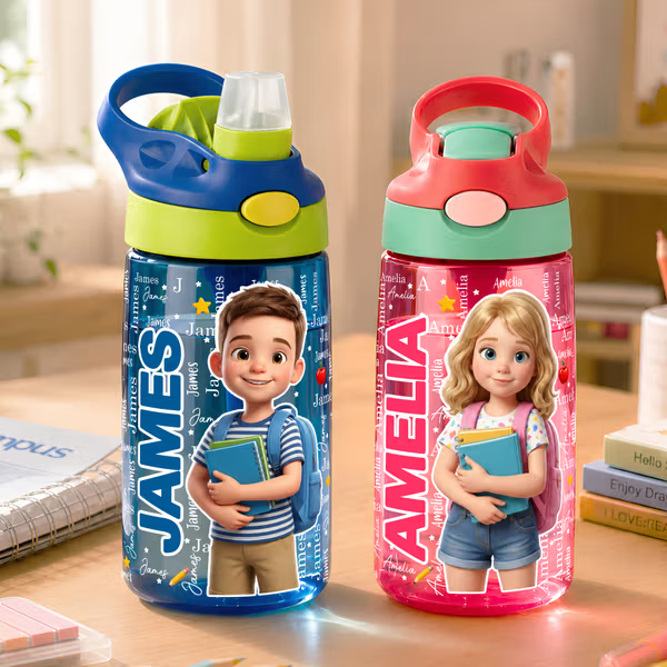 Personalized Cartoon Character BPA-Free 16 oz Transparent Water Bottle with Straw and Name Back to School Gift for Kids