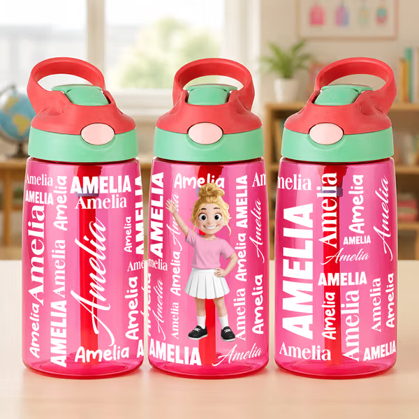 Personalized Cartoon Character BPA-Free 16 oz Transparent Water Bottle with Straw and Name Back to School Gift for Kids