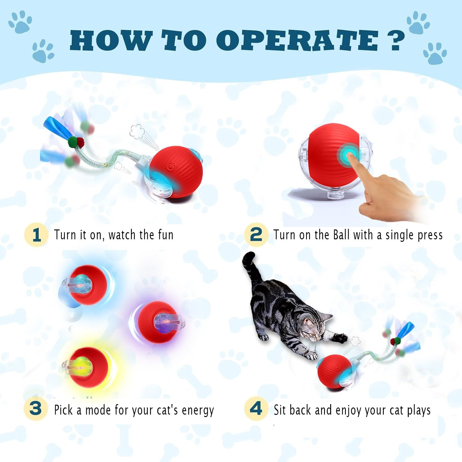 Cat Toy Ball with Tail Rope, Smart Rolling Ball, LED Light, Electric Self-Rolling Pet Toy, Interactive Cat Jumping Ball, Automatic Cat Teaser Ball, Small Dog Toy, Pet Excercise, Cat Activity