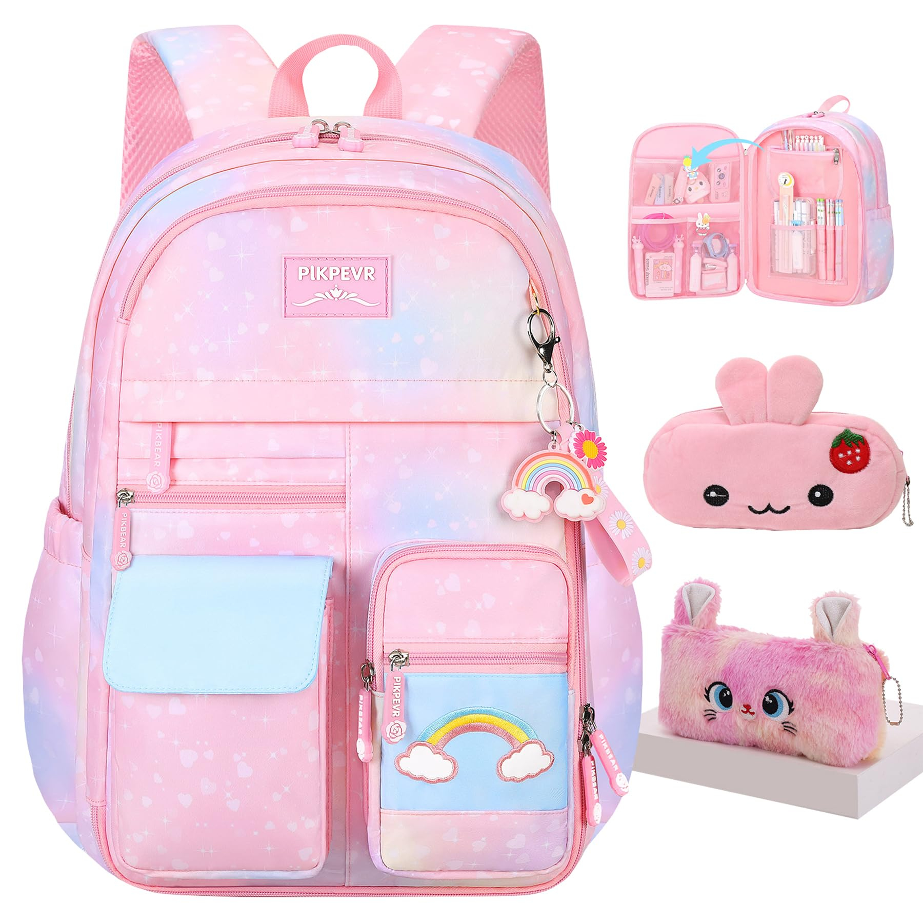 Backpack For Girls Kids,Cute Student School Backpack With Pen Bag, Aesthetic Starry Rainbow Laptop Travel Bag