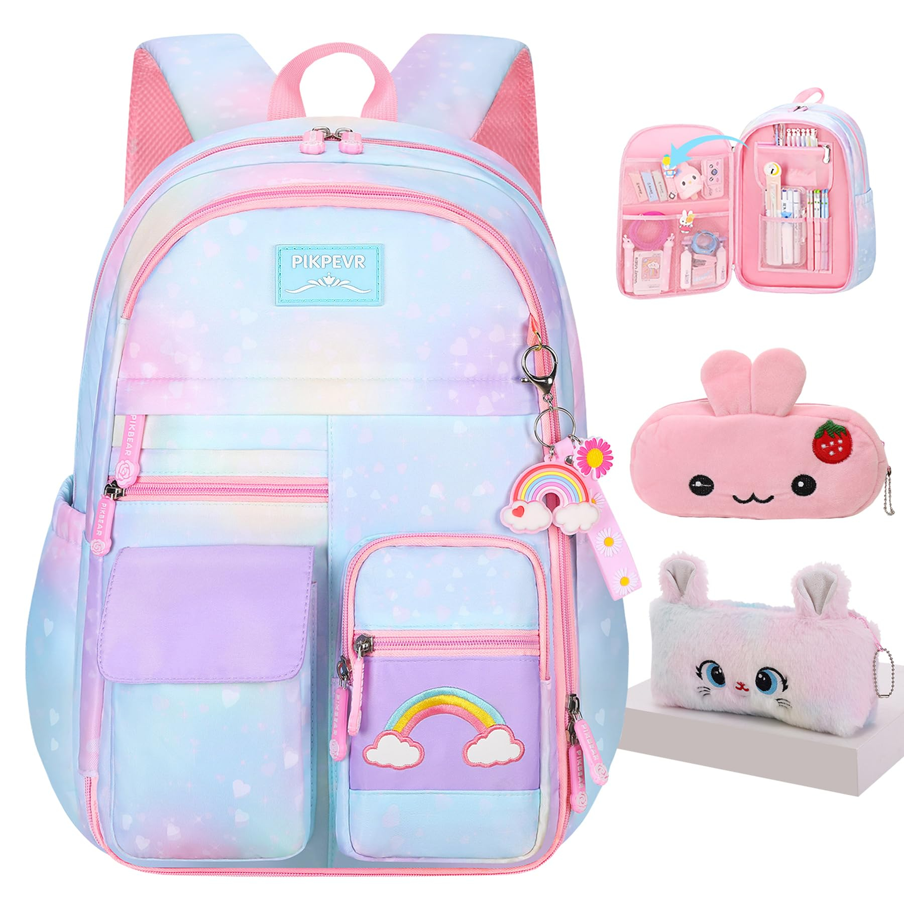 Backpack For Girls Kids,Cute Student School Backpack With Pen Bag, Aesthetic Starry Rainbow Laptop Travel Bag