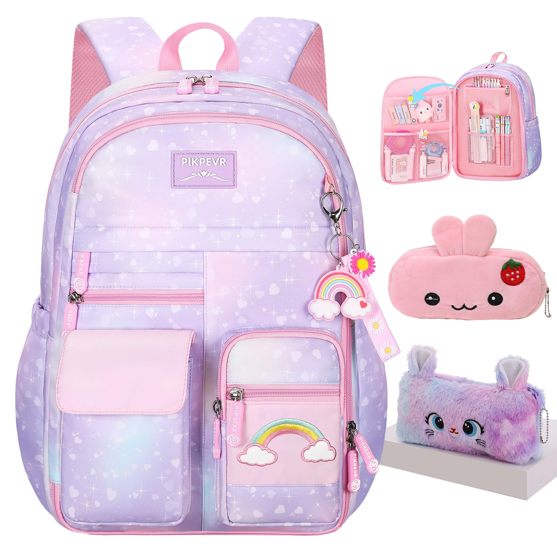 Backpack For Girls Kids,Cute Student School Backpack With Pen Bag, Aesthetic Starry Rainbow Laptop Travel Bag