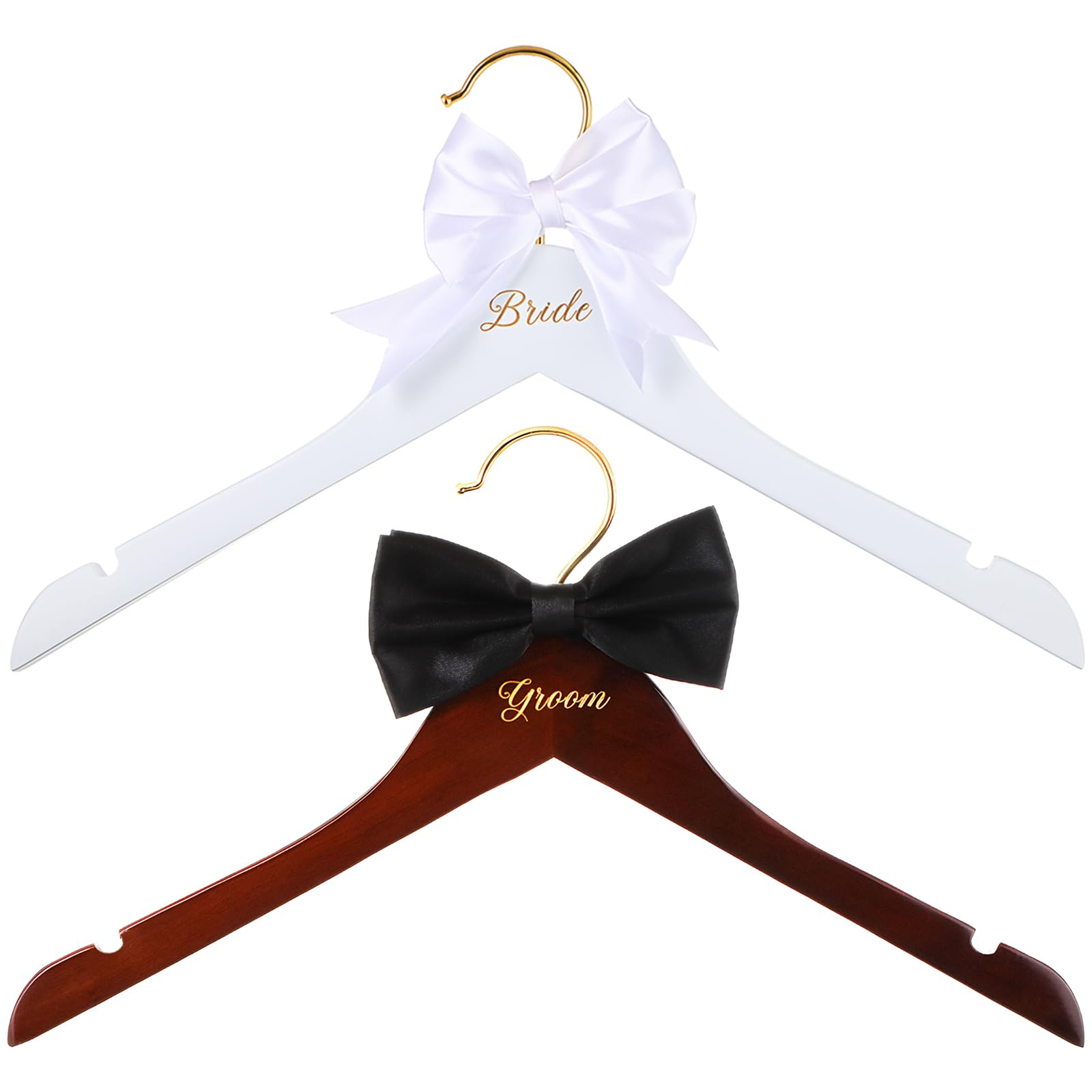 2 Pcs Bride Hanger for Wedding Dress Bride and Groom Wooden Wedding Dress Hanger Set with Bow Tie for Tuxedo Suit Gift Bridal Party Shower