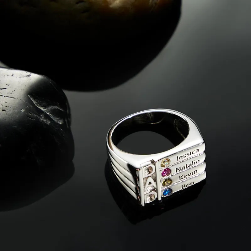Father's Ring with Birthstones- Engraved - Personalized Dad Ring For Family
