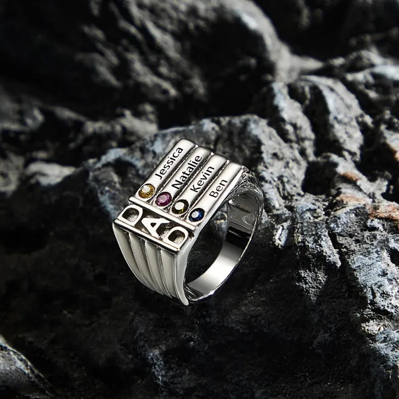 Father's Ring with Birthstones- Engraved - Personalized Dad Ring For Family