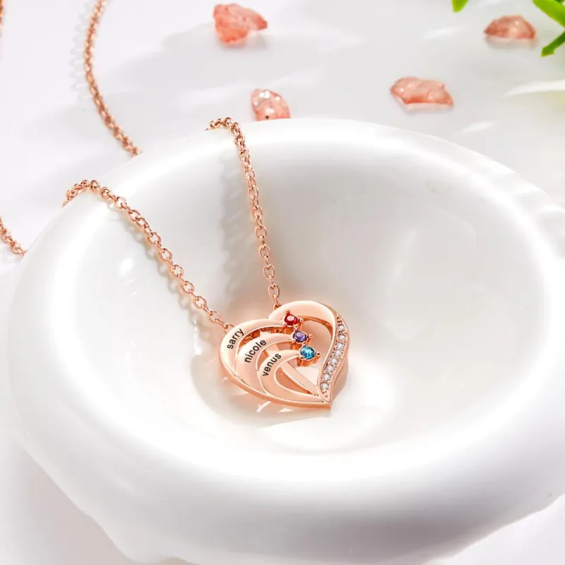 Engraved Birthstone Heart Shaped Necklace Personalized Name Necklace for Mom