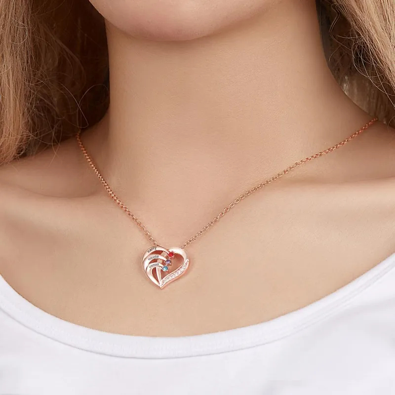 Engraved Birthstone Heart Shaped Necklace Personalized Name Necklace for Mom