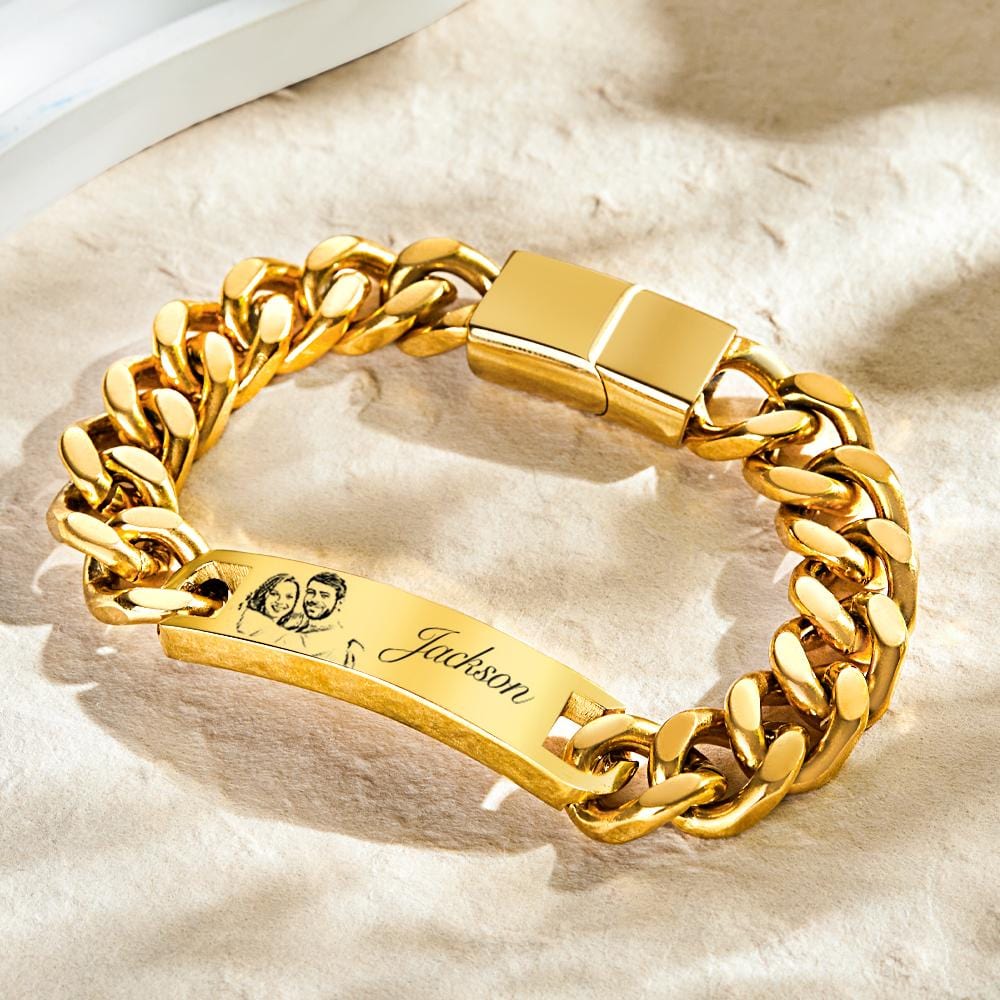 Custom Engraved Men's Bracelet Stainless Steel Photo Vintage Bracelet Jewelry Father's Day Gifts-Gold