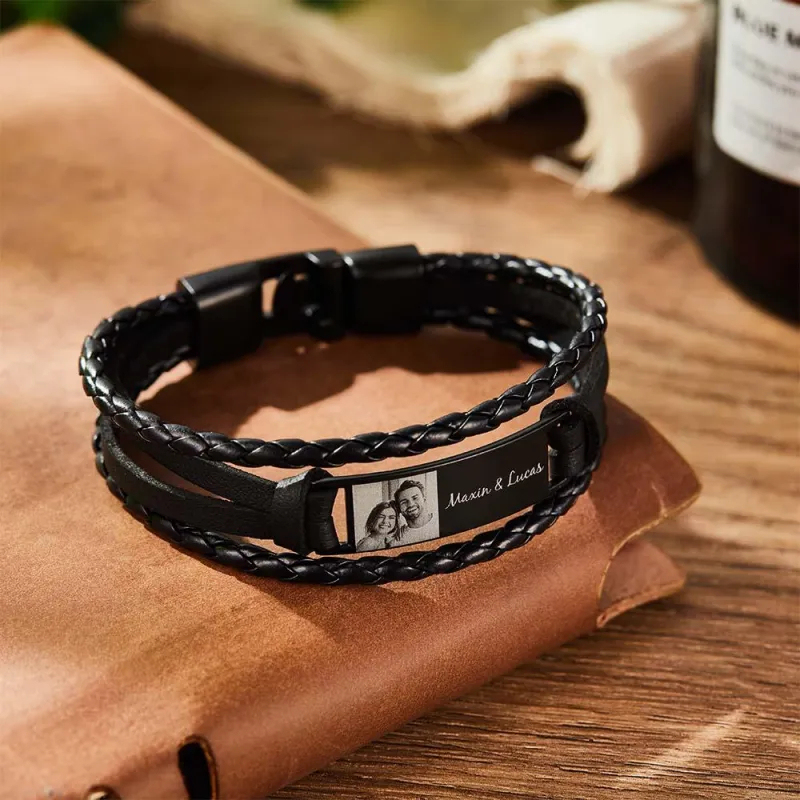 Custom Men's Bracelets Photo Leather Engraved Bracelet Best Gifts for Him