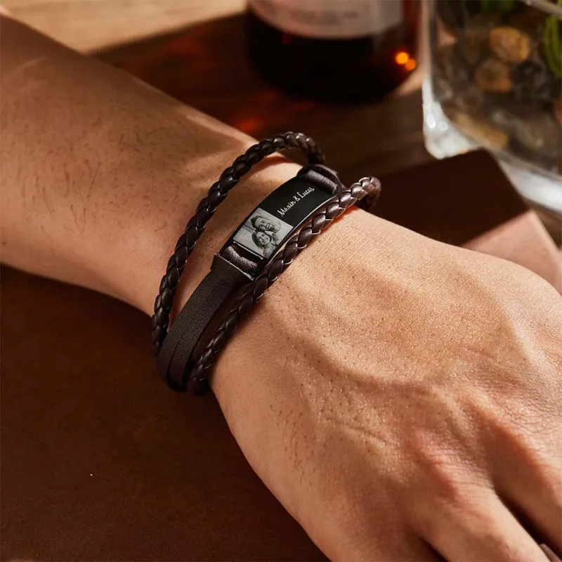 Custom Men's Bracelets Photo Leather Engraved Bracelet Best Gifts for Him