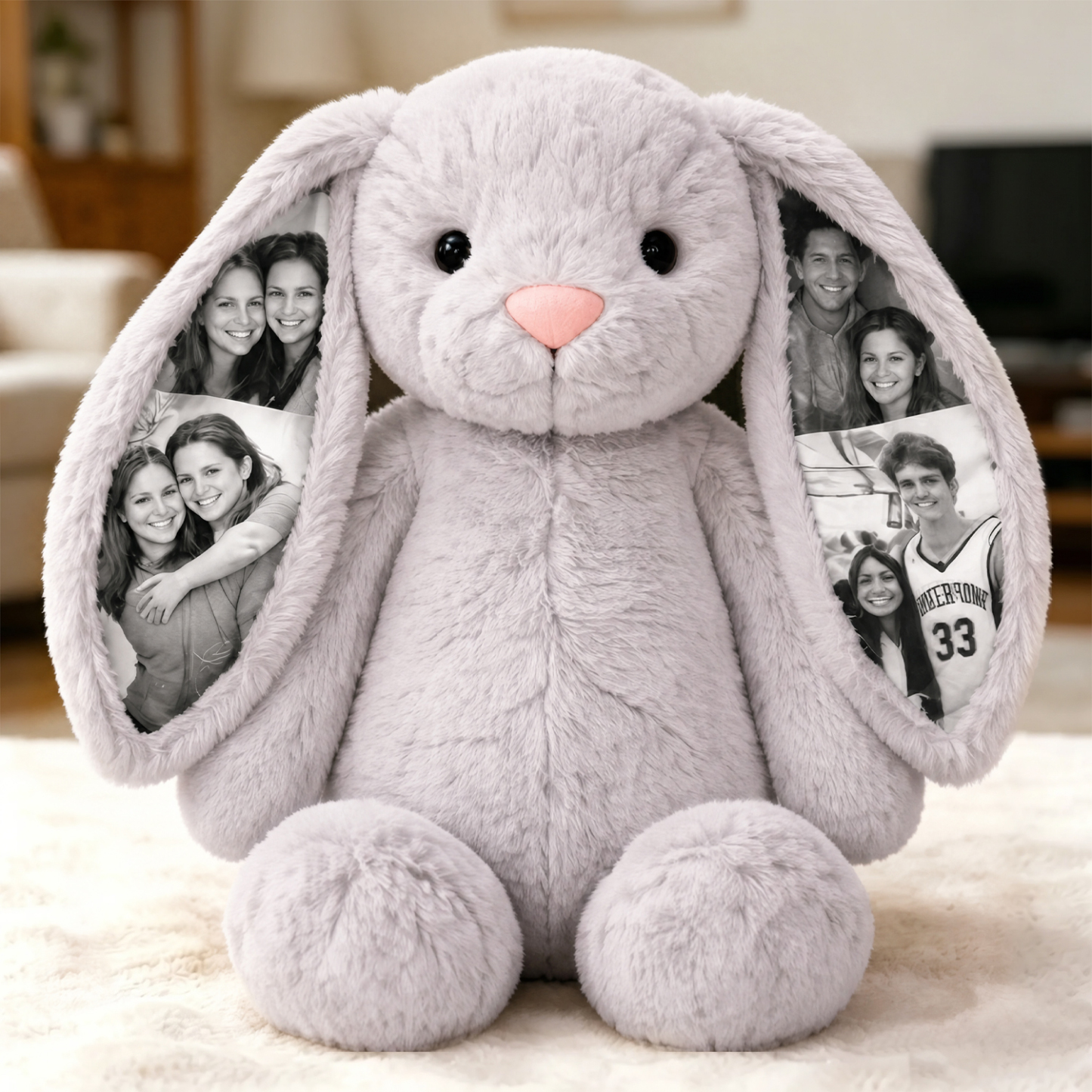 Custom Photo Bunny Plush Personalized Hidden Ear Picture Bunny Gift for Couples Anniversary Gift For Her