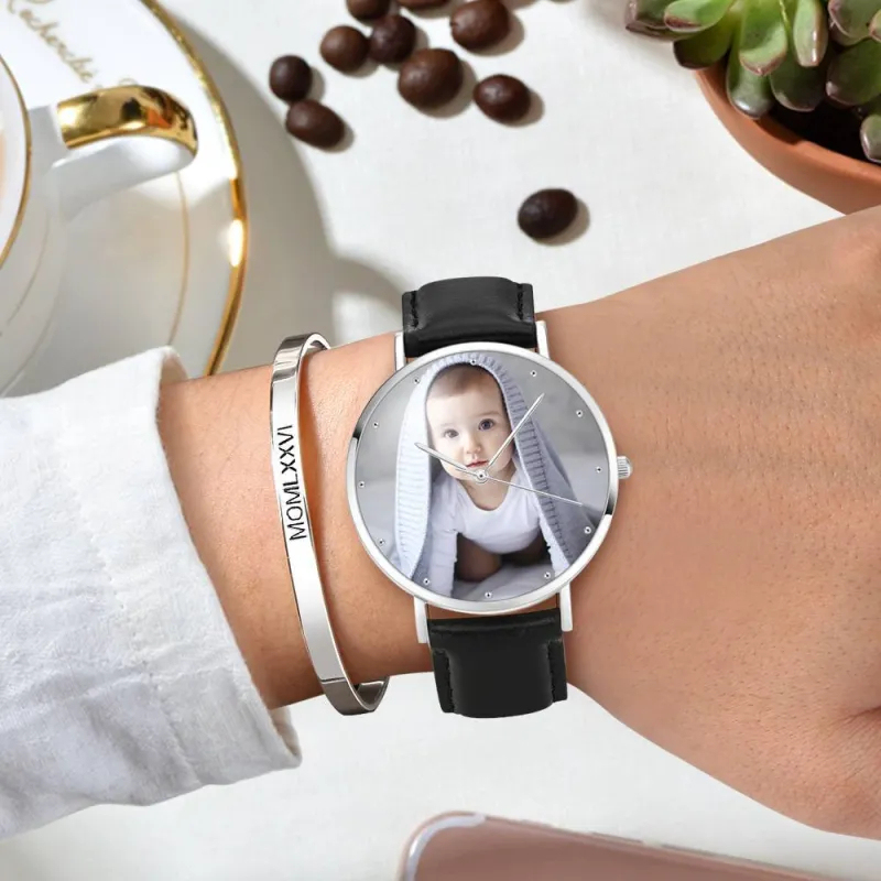 Unisex Engraved Photo Watch Black Leather Strap 40mm
