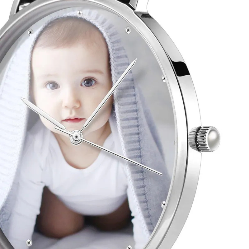 Unisex Engraved Photo Watch Black Leather Strap 40mm