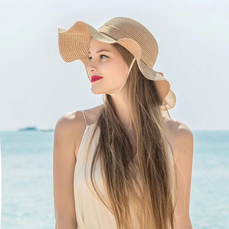 Women Straw Hat Beach Wide Brim Bow-Knot Floppy Folding Sun Hat
