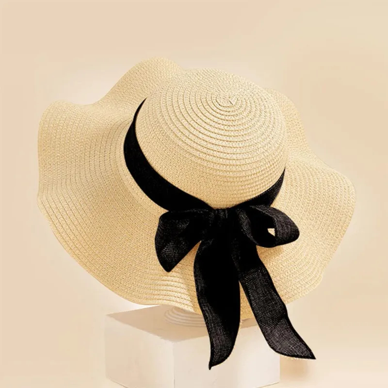 Women Straw Hat Beach Wide Brim Bow-Knot Floppy Folding Sun Hat