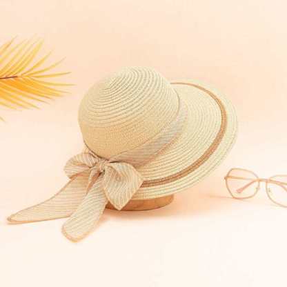 Women Straw Hat Beach Hats Striped Bow Knot Decor Sun Hat
