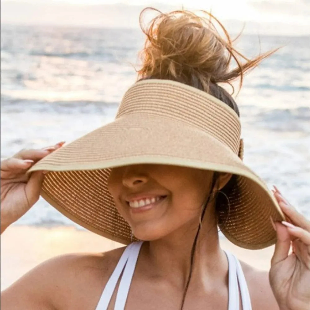 Women Sun Protection Empty Top Straw Hat Beach Wide Brim Bow-Knot Big Floppy Folding Sun Hat